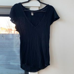Free People Knit Black V Neck Shirt With Cap Sleeves